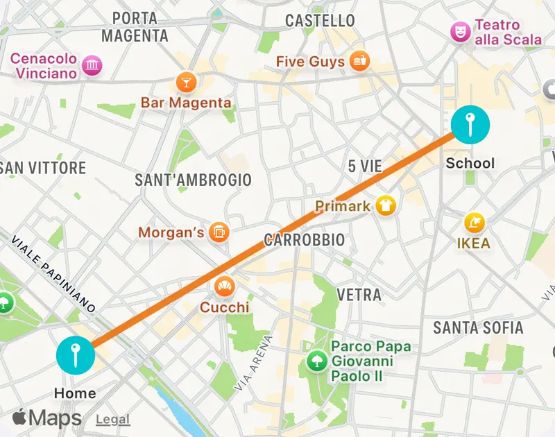 Your child's route on the map, from Home to School